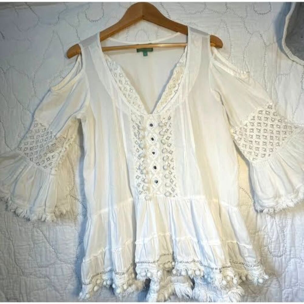 ANTICA SARTORIA Dainty Light  WHITE  Boho Top OrBeach Coverup With Tassels LARGE